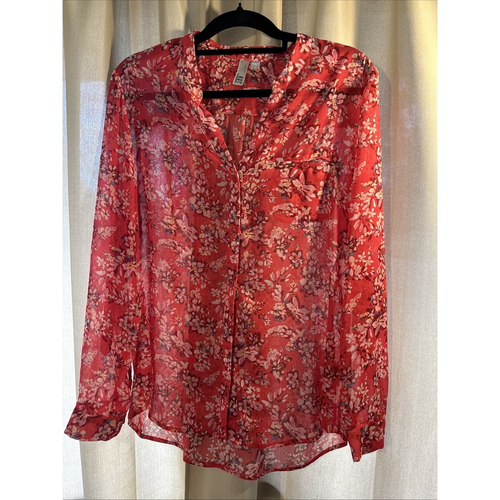 Kut From The Kloth Womens Dark Pink Floral Sheer Button Down Shirt L